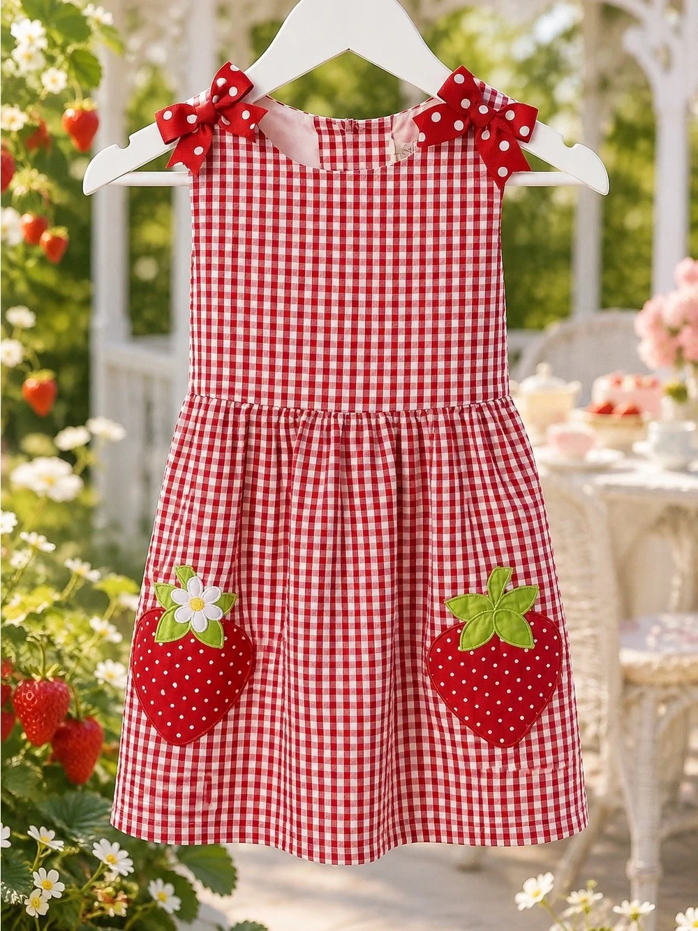 Rare Editions Girls 2T Red Gingham Strawberry Dress Hair Bow EUC